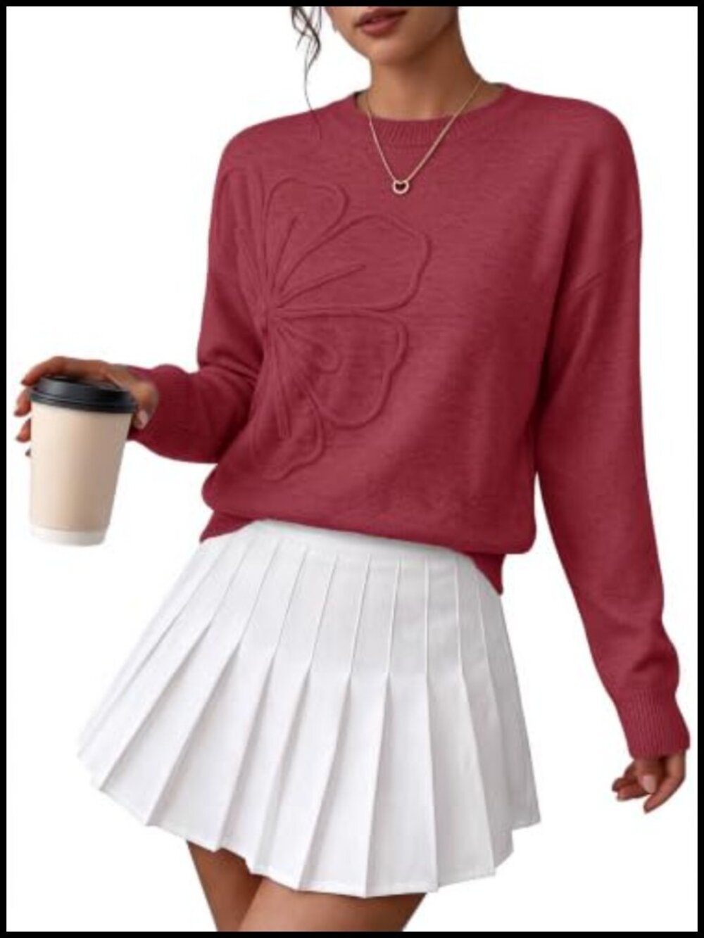 Wool Blend 3D Floral Chunky Knit Crew Neck Pullover Sweater